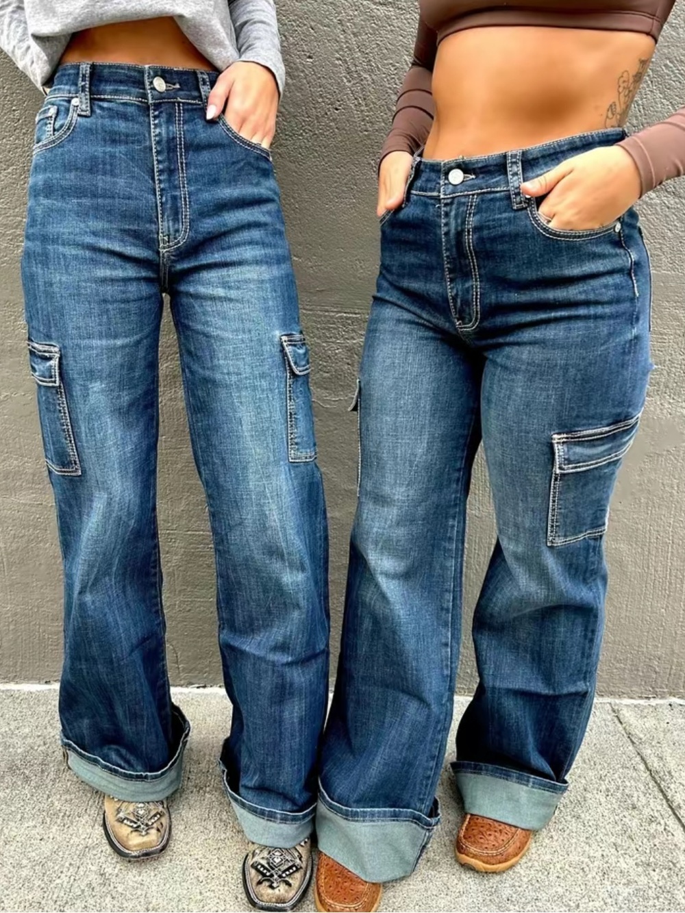 Tin Haul Dark Blue Cargo Wide-Leg Jeans - Women